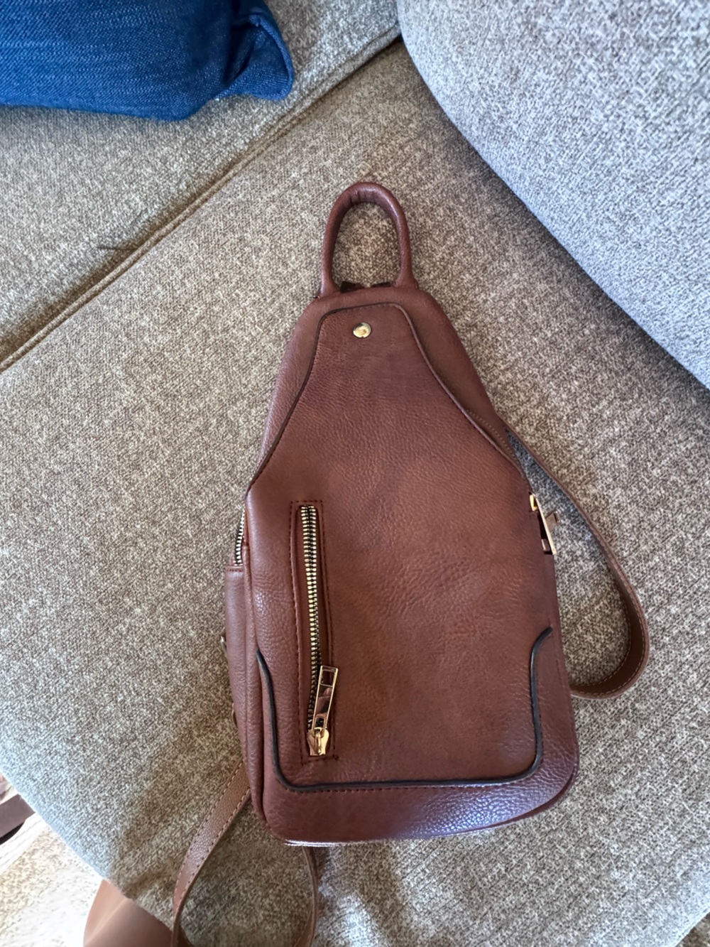 wild fable Brown Leather-Look Sling Backpack with Gold Hardware